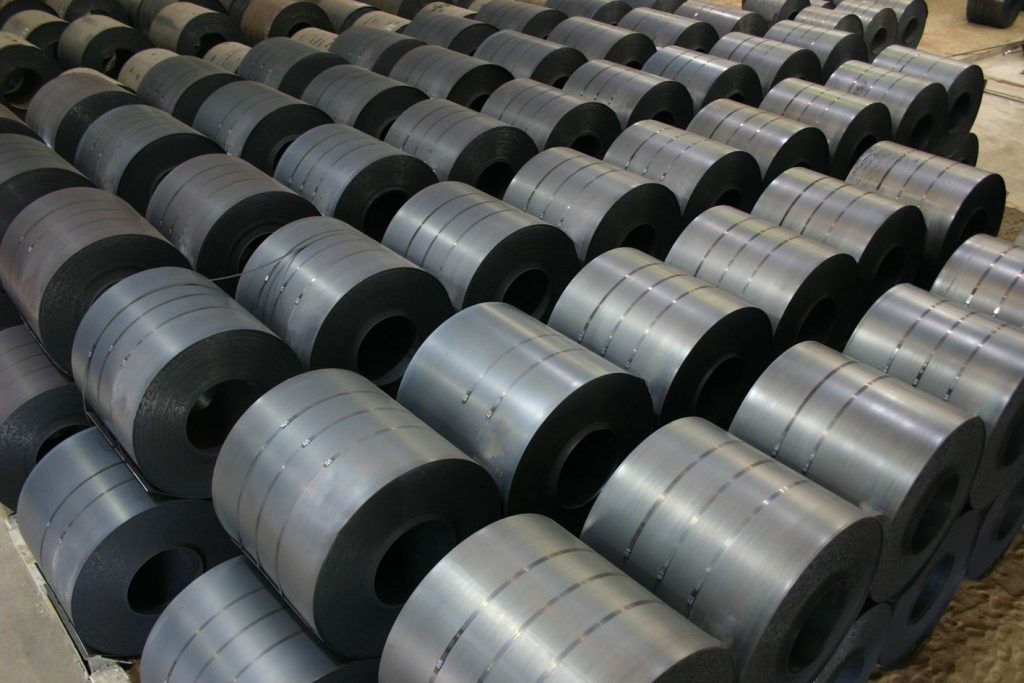 Rows of marine-grade, corrosion-resistant weathering steel coils from LY Steel for offshore PV support fabrication.