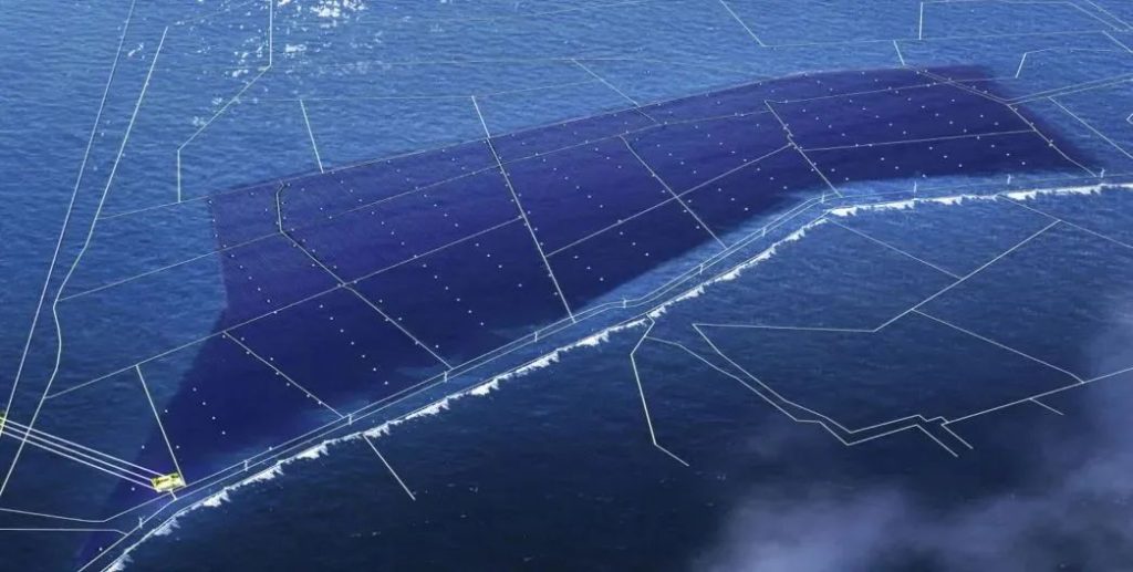 Aerial render of the Binzhou 850 MW offshore photovoltaic array on saline-alkali tidal flats with grid layout lines.