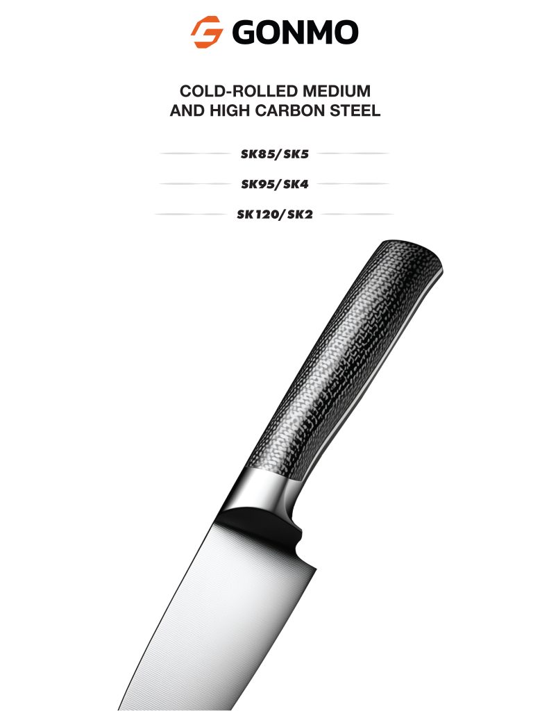 Gonmo/LY Steel knife-grade carbon steels: SK85/SK5, SK95/SK4, SK120/SK2 with hardness ranges and applications.