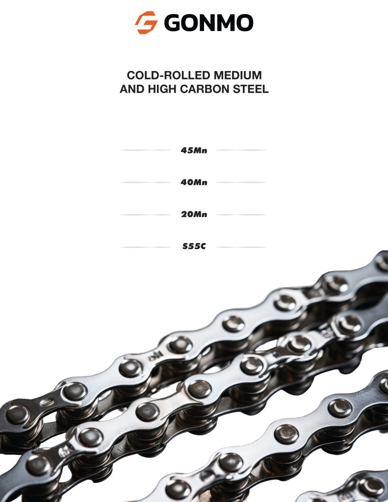 Poster with polished chain links and a list of chain-grade steels: 45Mn, 40Mn, 20Mn, S55C.