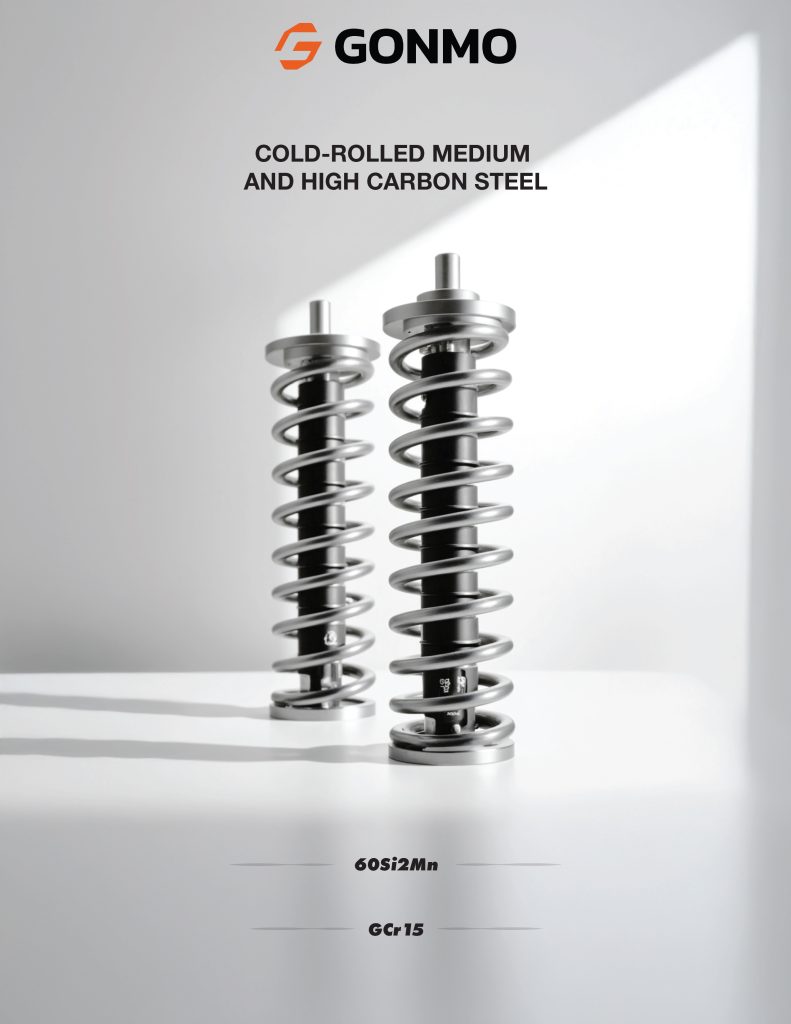 Poster with two metallic coil springs and the headline “Cold-Rolled Medium and High Carbon Steel,” listing 60Si2Mn and GCr15.